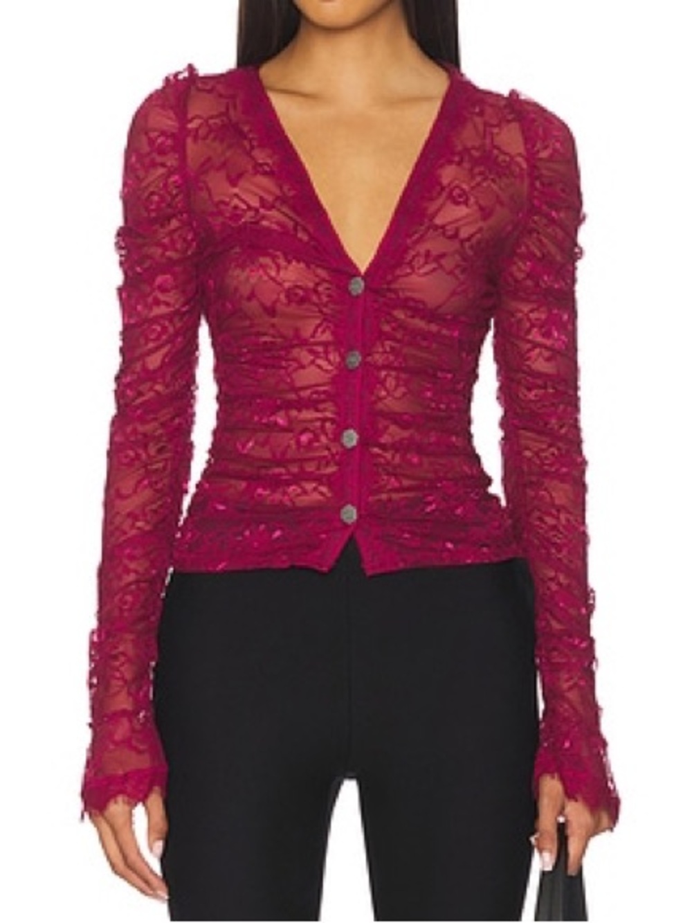 OW Collection“Audrey” Cardigan Cherry Lacquer Lace Top Sz S NWOT